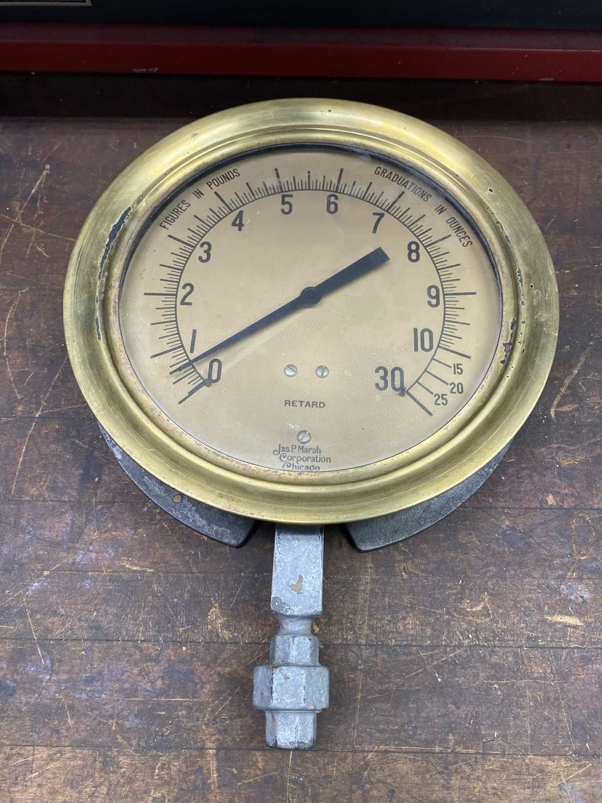 Antique Jas. P. Marsh Chicago Antique Brass Steam Pressure Gauge Made In USA