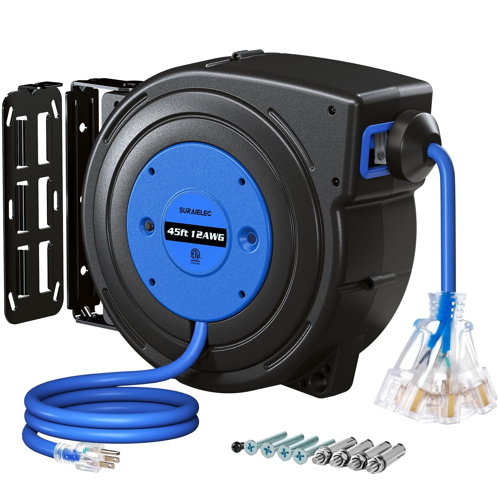 SURAIELEC 12 Gauge Retractable Extension Cord Reel, 45 FT 12 AWG/3C SJTOW Heavy