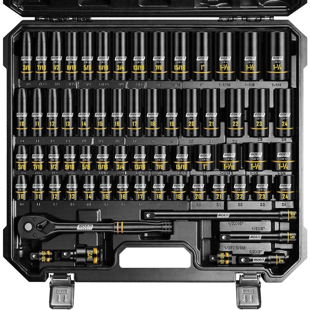 1/2″ Drive Impact Socket Set 65-Piece SAE & Metric Deep and Shallow Sockets 3/8″