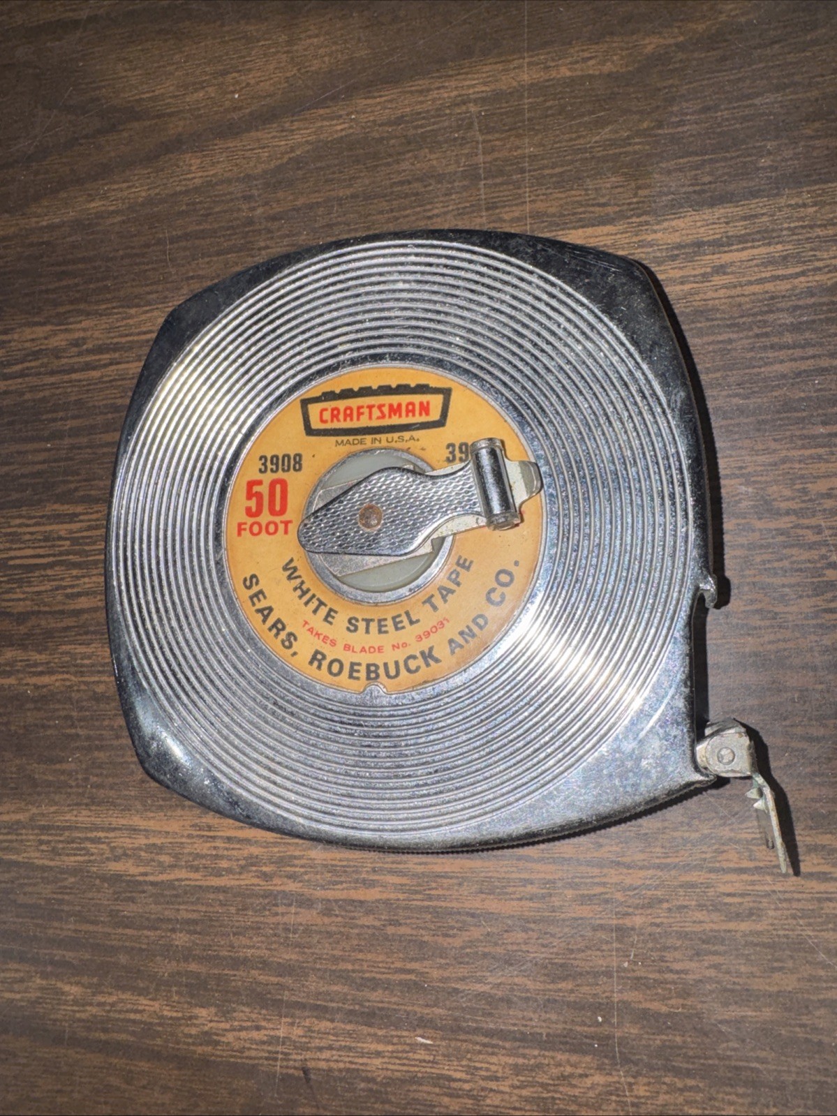 Vintage Sears Roebuck & Co. Craftsman 50 Foot Tape Measure #3908 USA White Steel