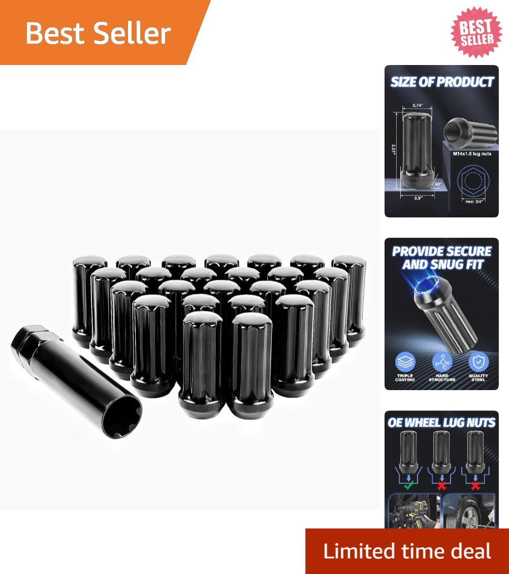 Set of 24, M14x1.5 Lug Nuts Black XL Spline Wheel Lug Nuts for 6 Lug Aftermaket,
