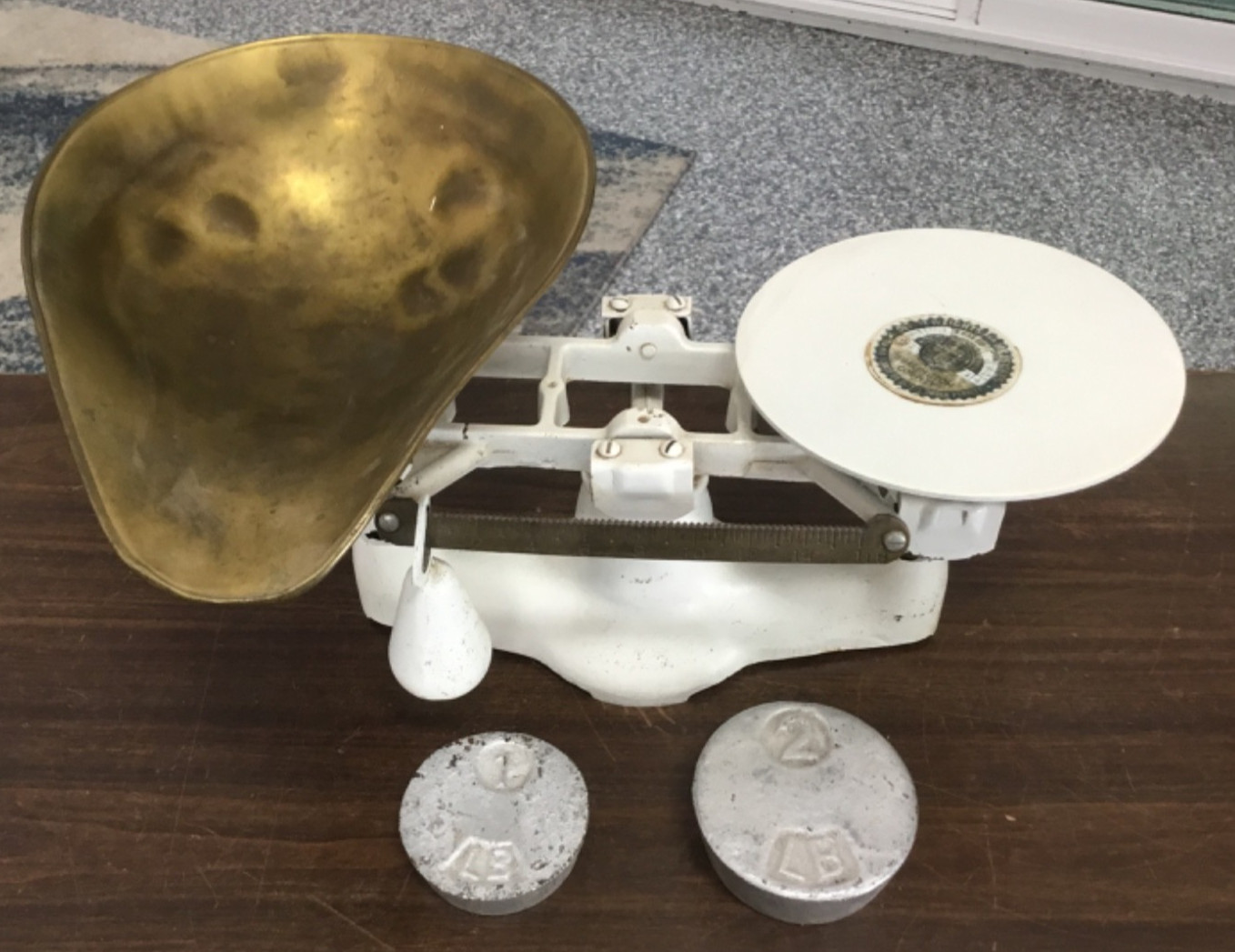 Vintage Penn Scale Phil PA Baker Balance Beam Scale Brass Scoop 1 Lb 2 Lb Weight