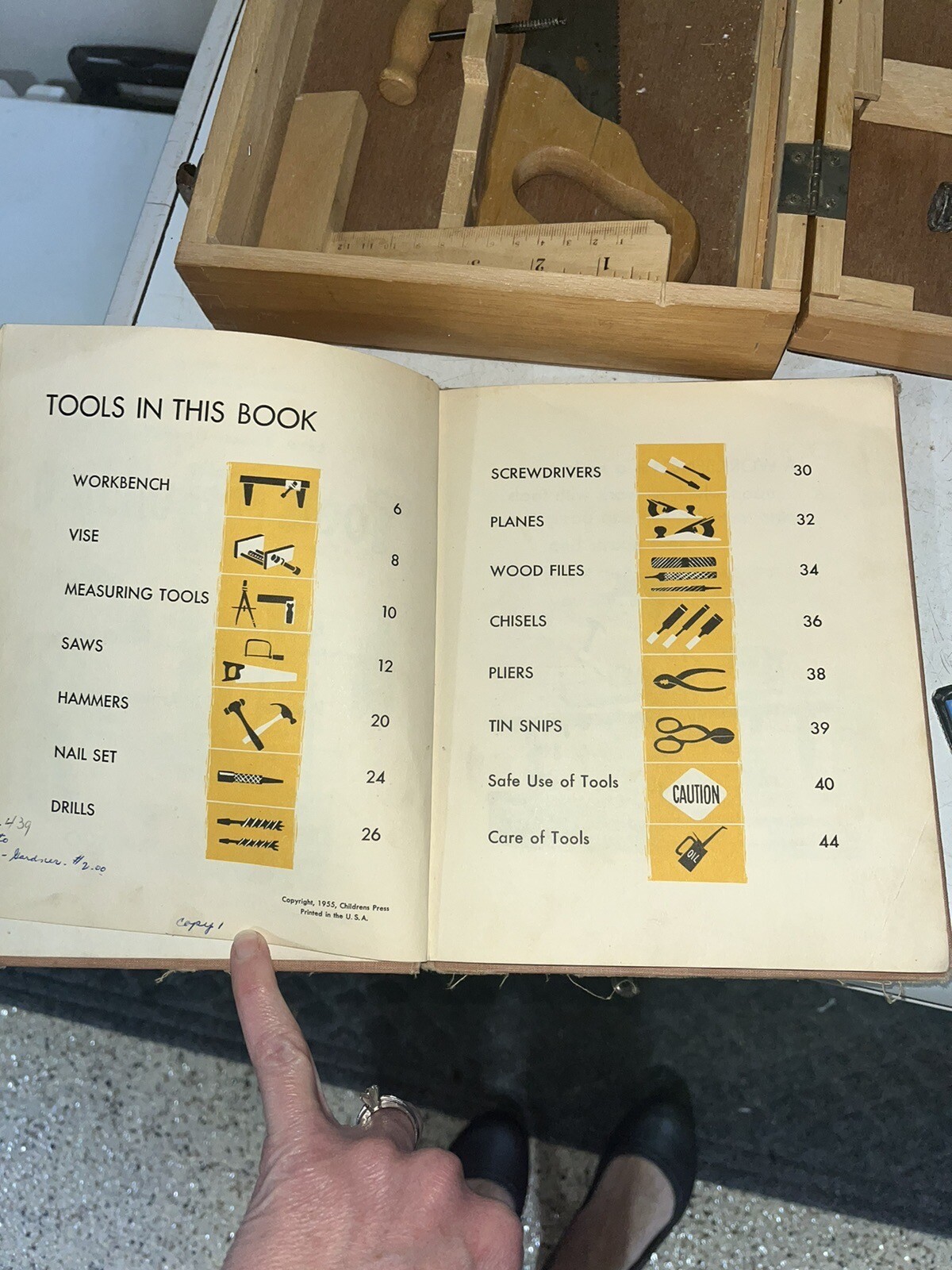 vintage wooden tool box w/ Small Tools. Youth, Children Learning