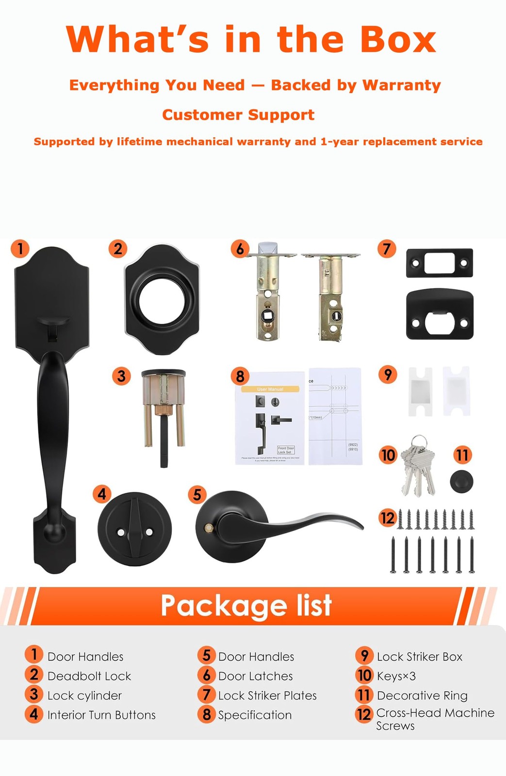 Haidms Matte Black Front Door Handle and Deadbolt Set, Passage,