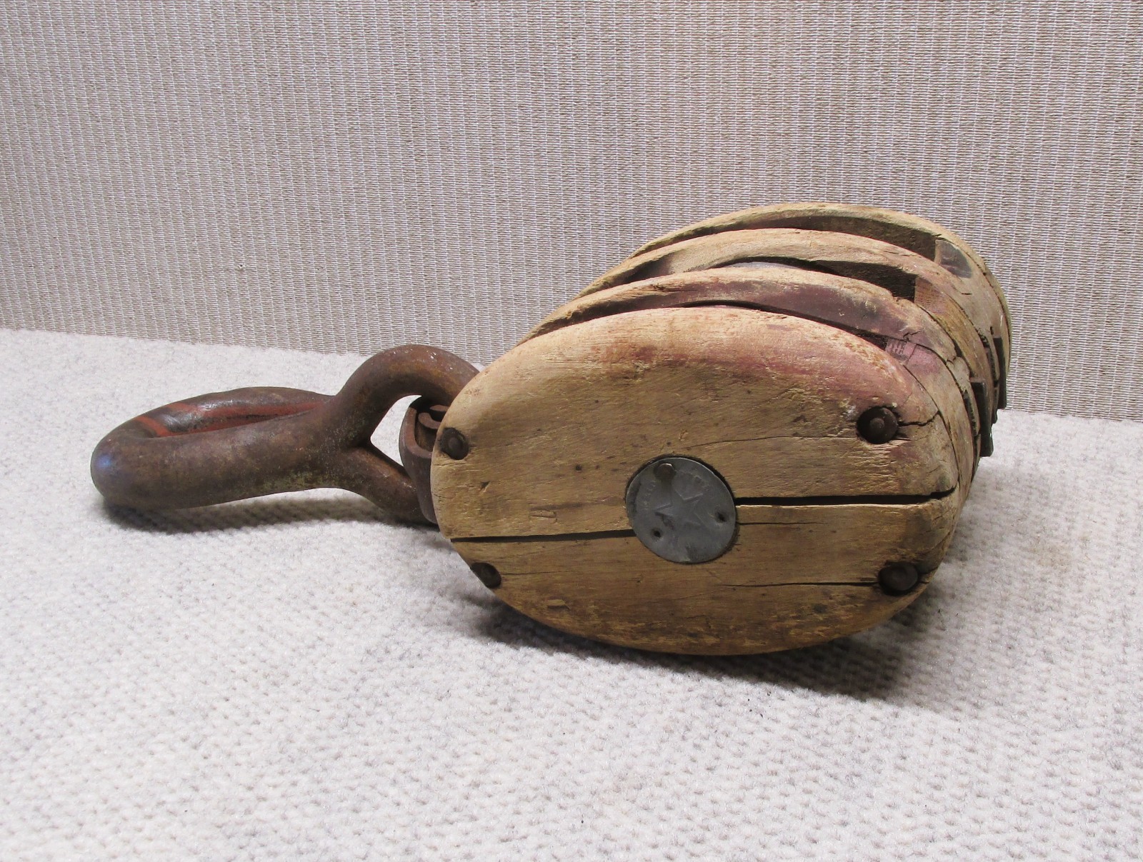Vintage Boston & Lockport Star, Wooden Triple Pulley Block & Tackle Hoist, USA