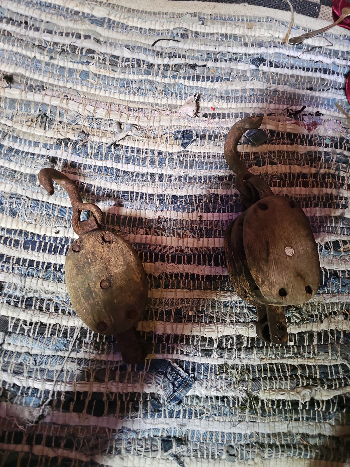 2 Antique Distressed Wooden Block and Tackle Pulley with Hook