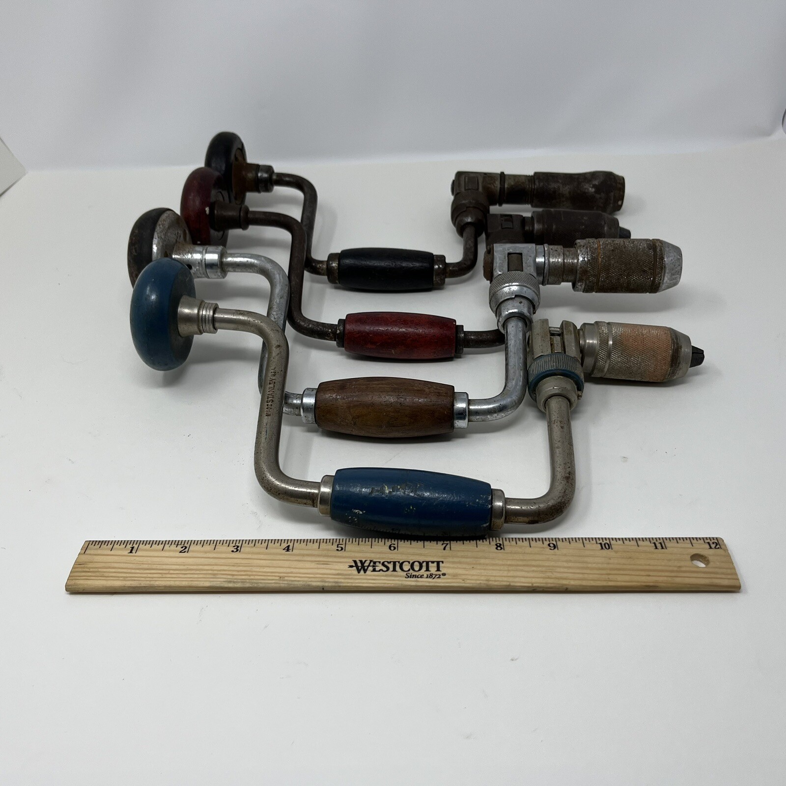 Vintage Stanley & Millers Falls 10″ Brace Hand Drill Lot of 4 See Pics & Descr.