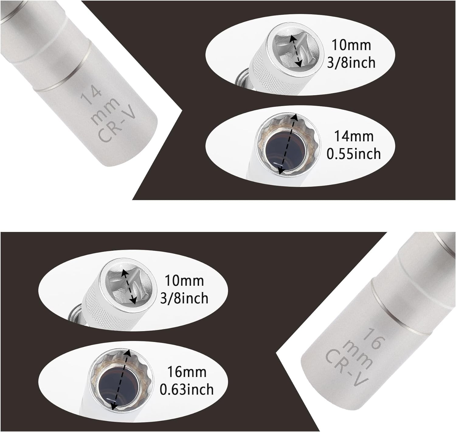 Spark Plug Socket, Thin Wall 12 Points, 3/8″ Drive, 16mm/14mm