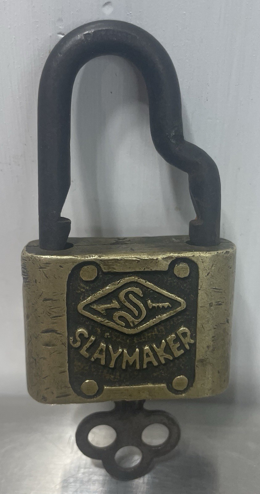 Antique 1900s Slaymaker Brass Removable Bent Shackle Lock w/ Key