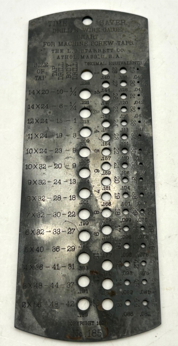 Vintage Starrett No 185 Drill Wire Gauge Chart Tap Size Plate Machinist Tool