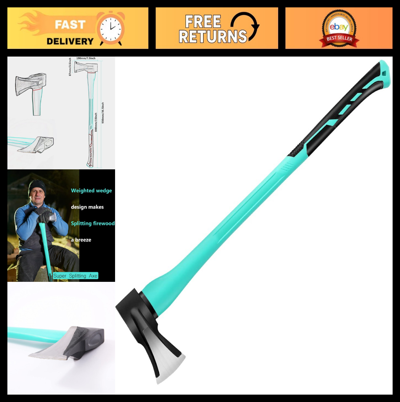 36″ Heavy Duty Splitting Axe & Chopping Maul for Firewood, 6.8Lbs Forged Steel,