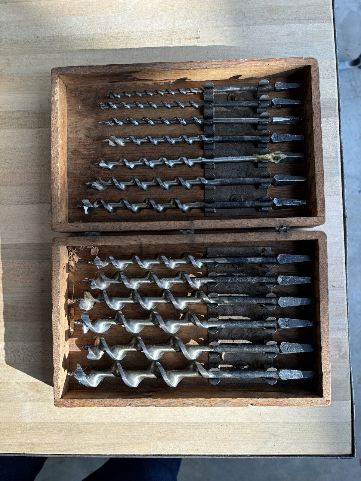 Antique brace bit set in original box , 10 1/2”x 6 1/2” x 2 3/4”