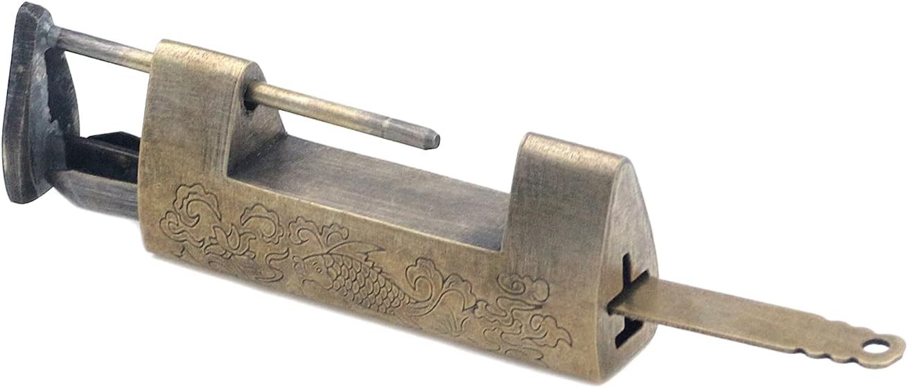 MY MIRONEY 2.95″ Vintage Carved Fish Horizontal Padlock Chinese Antique Brass Lo