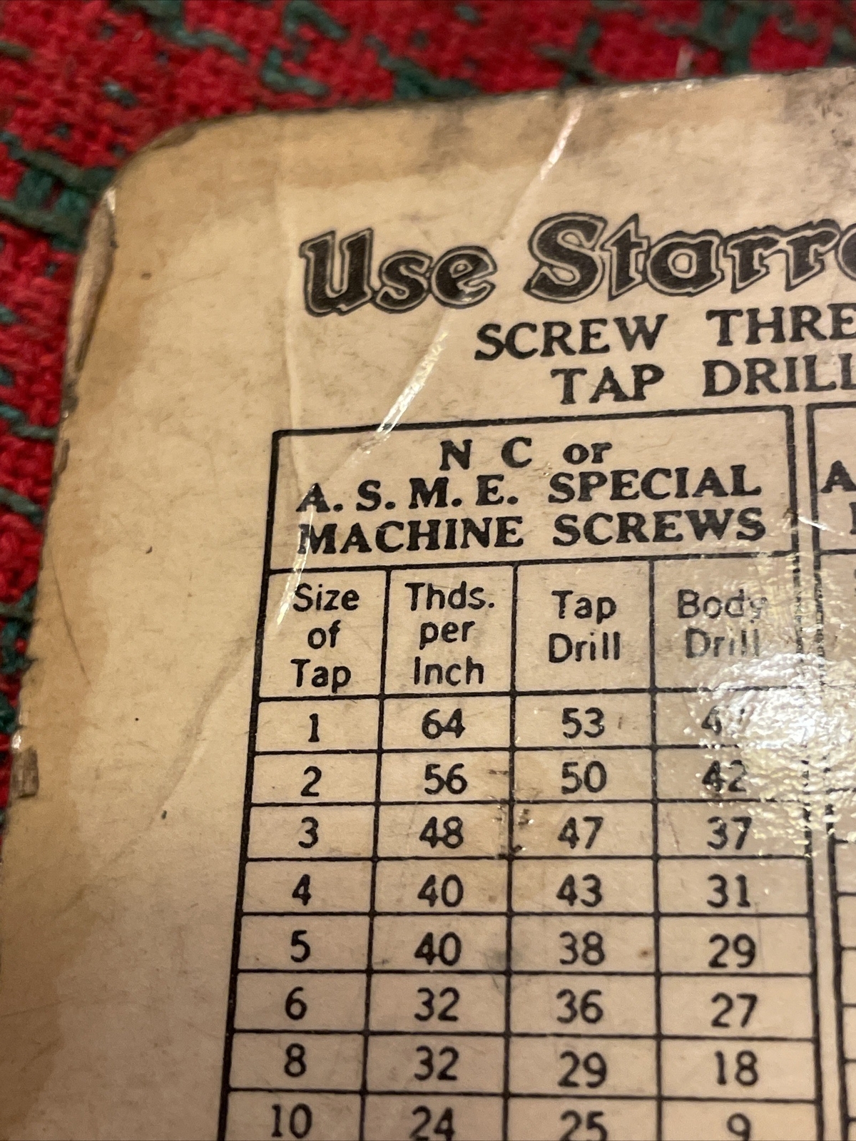 Vintage L. S. STARRETT Screw Threads & Tap Drill Sizes Dial Chart USA 🇺🇸