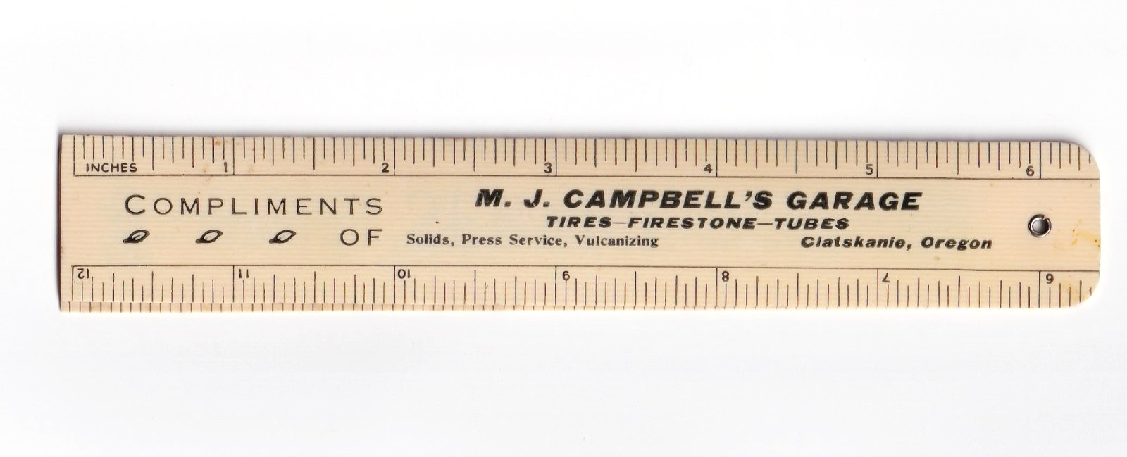 Firestone Tires Folding Celluloid Ruler Clatskanie OR Campbell’s Garage Vintage