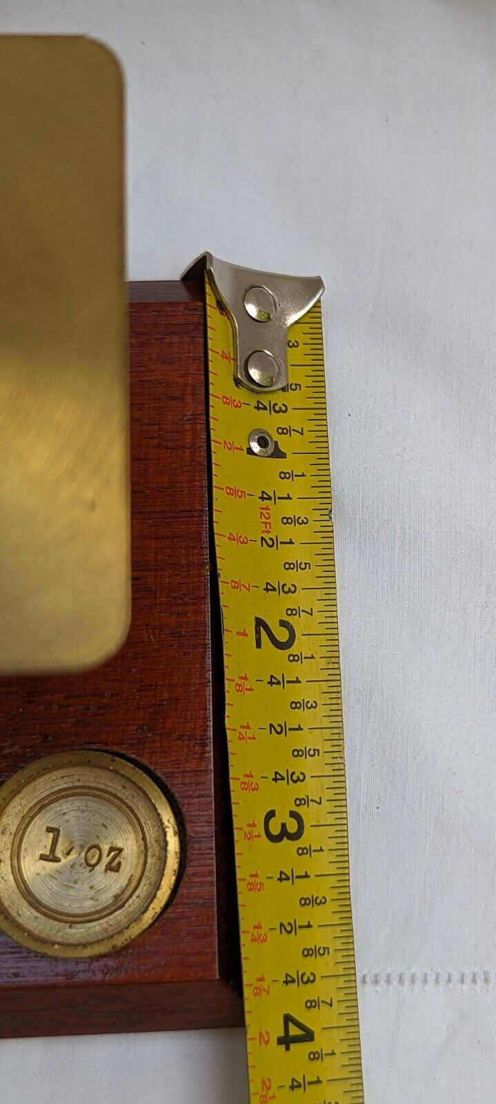 VTG ENGLISH BRASS and WOOD DESKTOP POSTAGE POSTAL SCALE and 4 WEIGHTS DESK DECOR