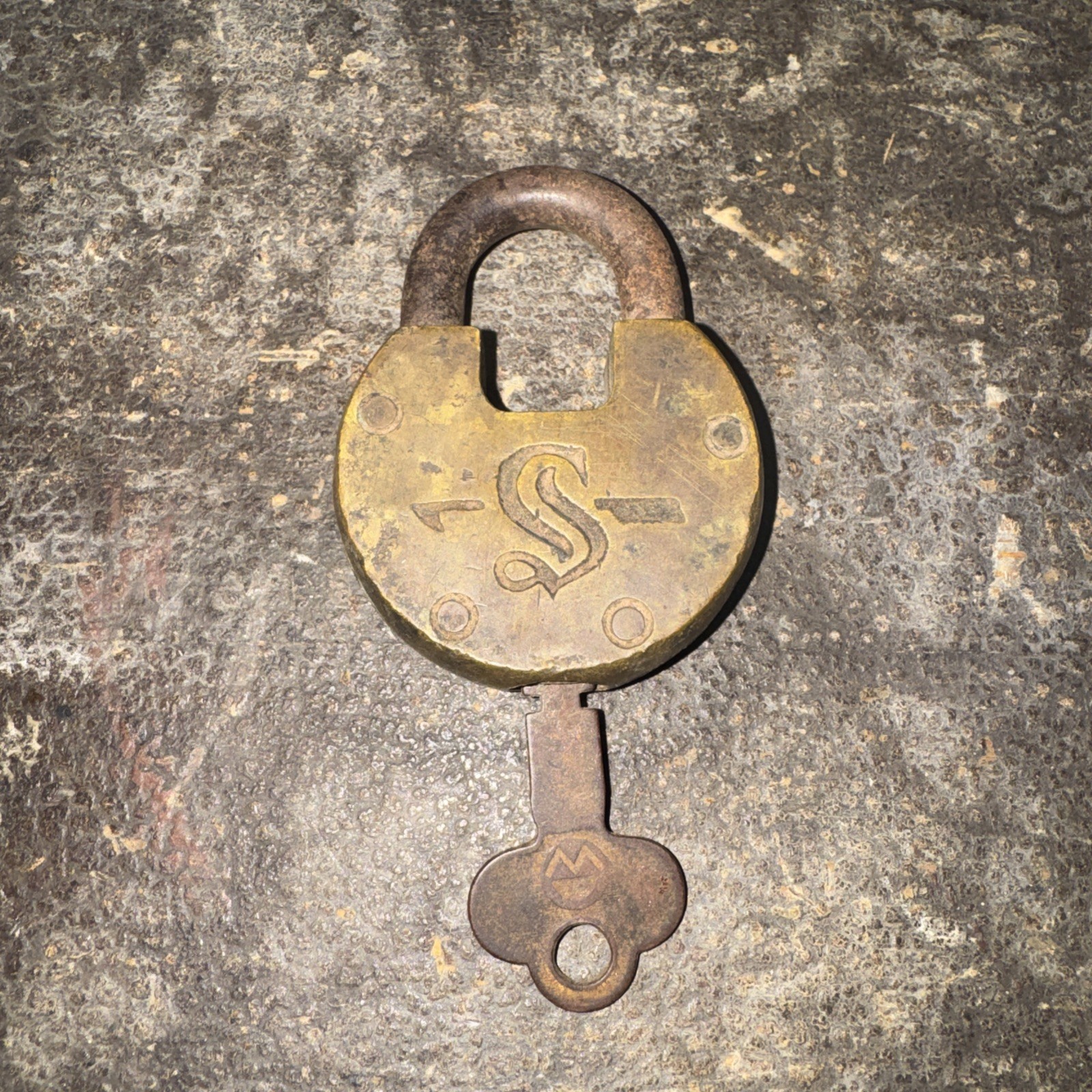 Slaymaker Antique Brass Padlock & Old Flat Steel Key Working Vintage Lock & Key
