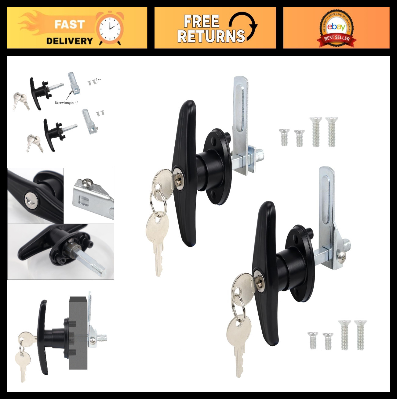 Locking T-Handle Set for Truck Cap & Camper Shell – Keyed Alike, Black, 2 Locks