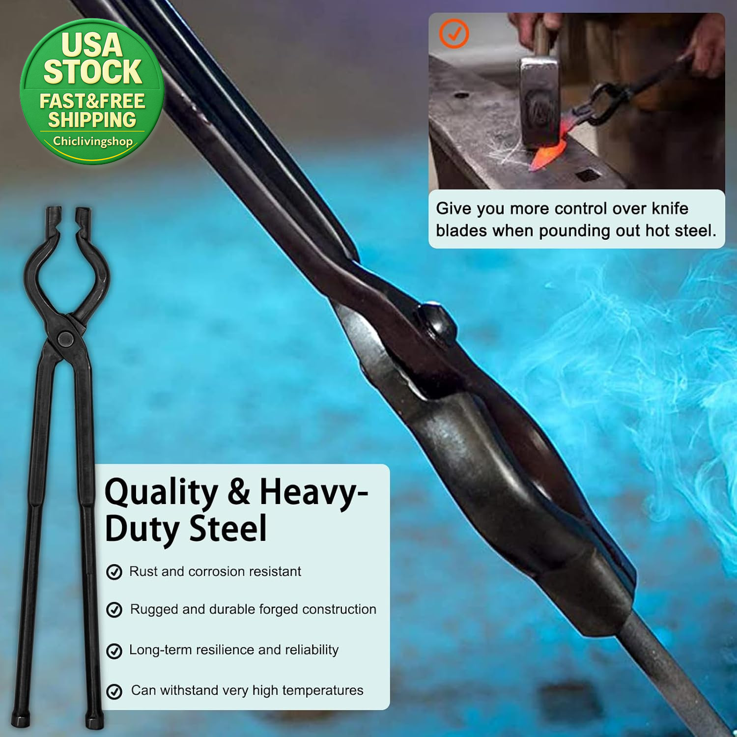 17 Inch V-Bit Blacksmith Tongs Wolf Jaw Steel Grip Knife Making Forge Tools