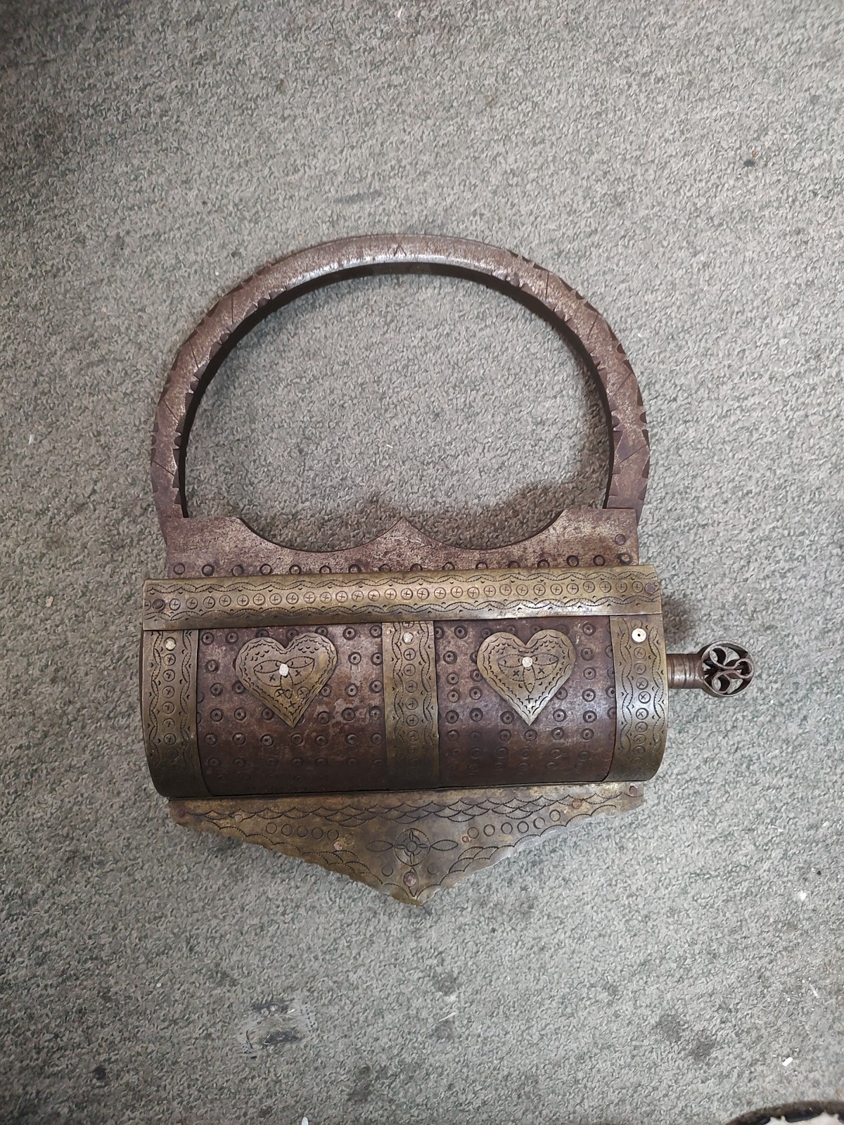 Rare Old Antique Iron Brass Unique Shape Engraved Screw System Lock & Key Afghan