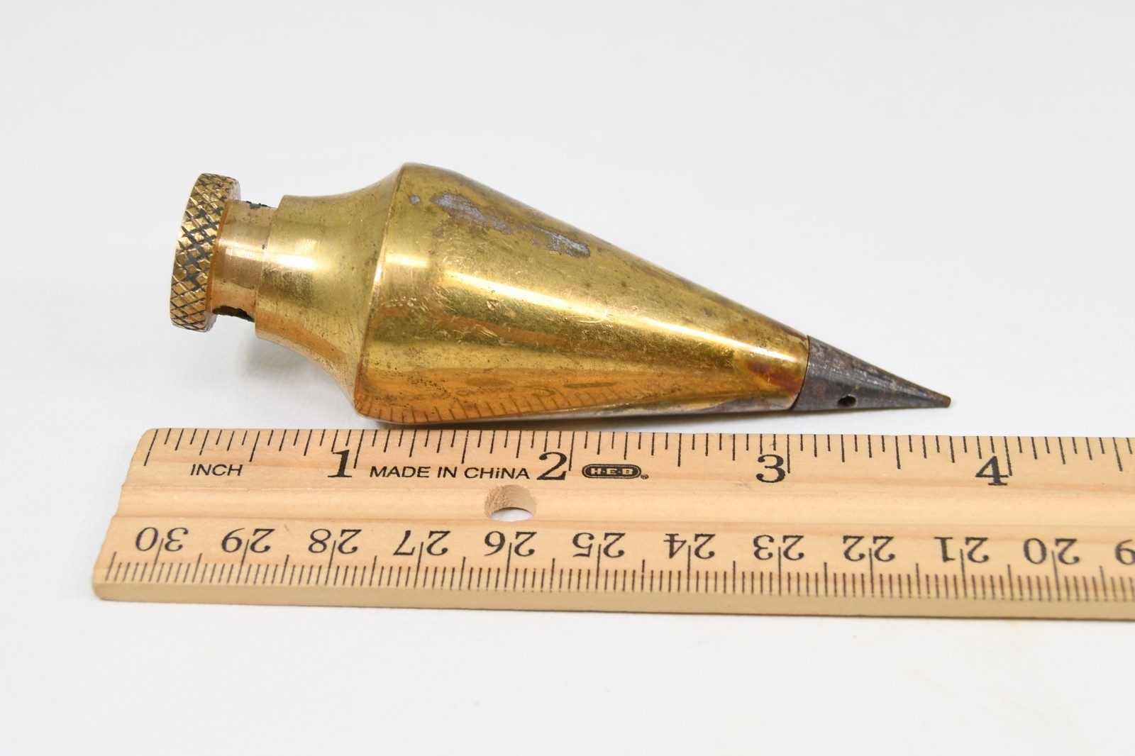 Vintage Small Brass Plumb Bob 8.3 oz Fixed Head Top Removable Steel Tip 3 3/4″