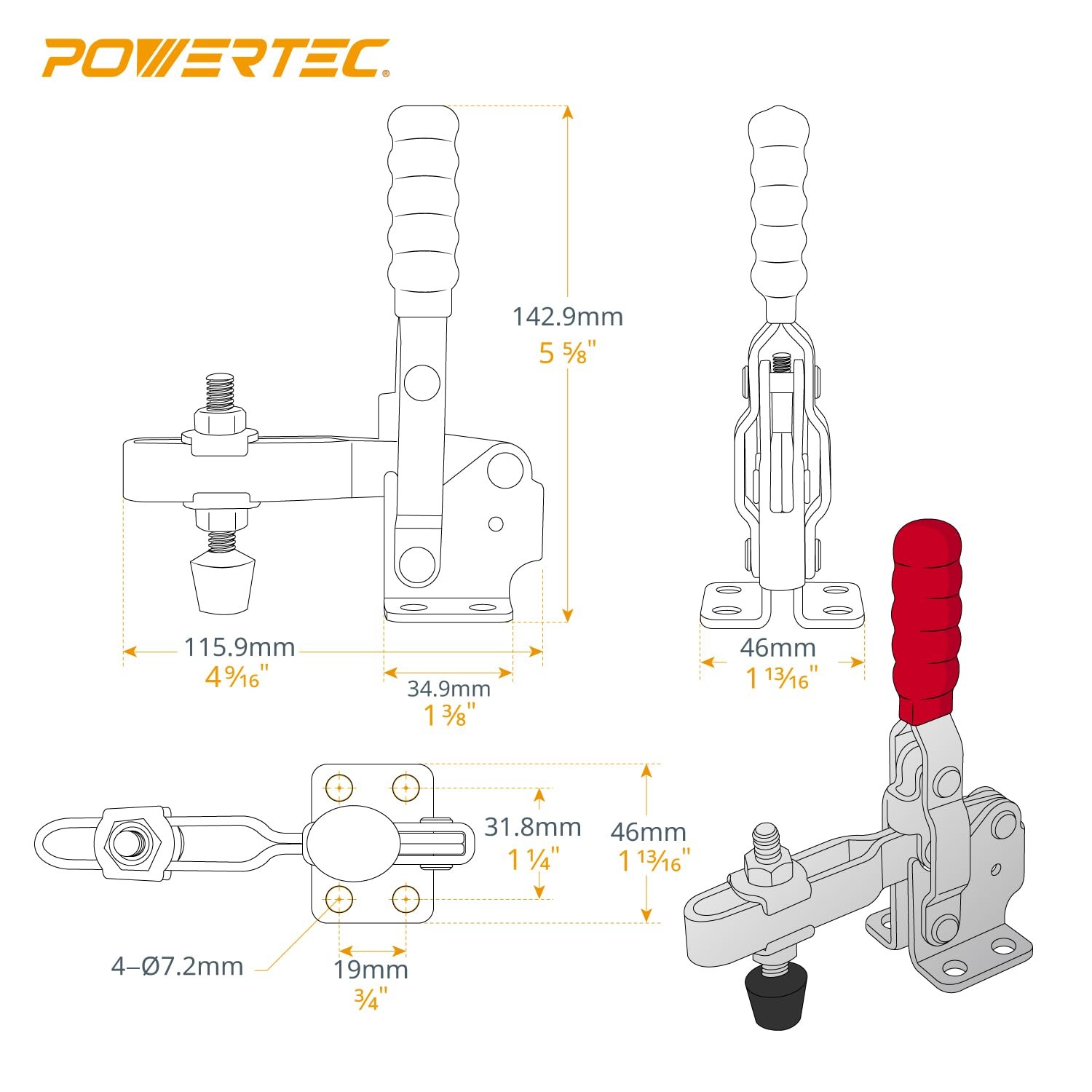 POWERTEC 2PK Toggle Clamp, 500 lbs Holding Capacity, 12130 12130, 2PK, Sliver