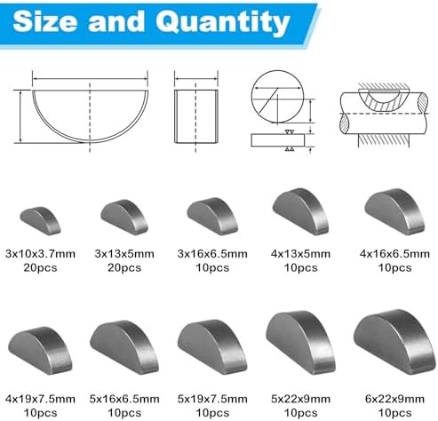 120pcs Woodruff Key Assortment Kit, 10 Popular Sizes of Half Moon Keys, Metric K