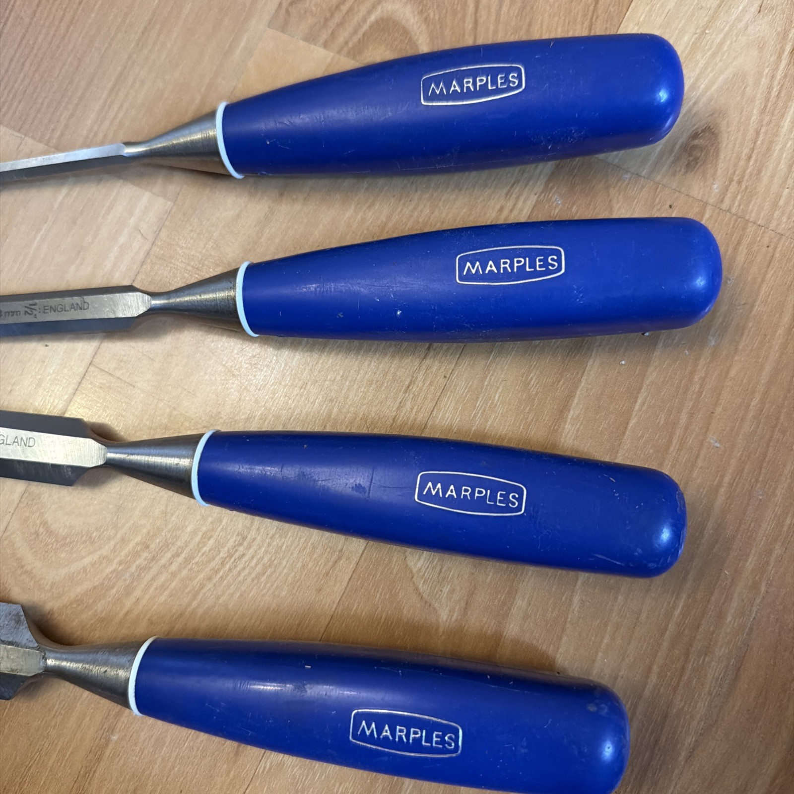 Vintage Marples Sheffield England Blue Handle Set of 4 Chisels 1/4, 1/2, 3/4 & 1