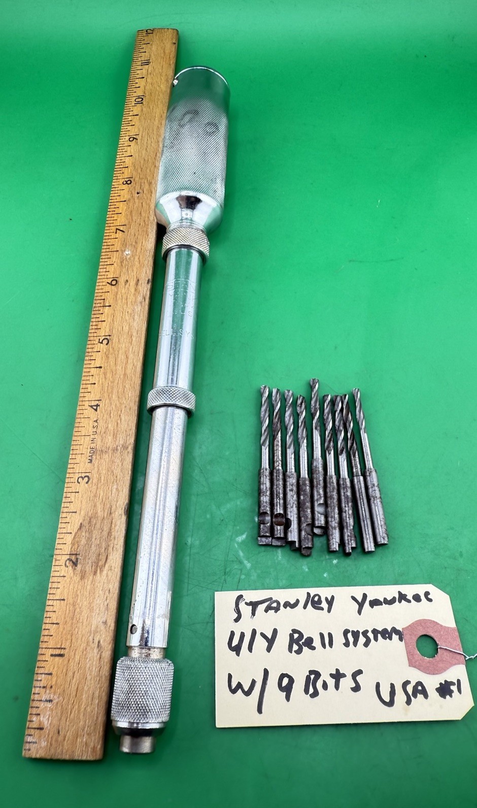 VINTAGE STANLEY YANKEE #41Y BELL SYSTEM-B PUSH DRILL WITH 9 BITS MADE IN The USA