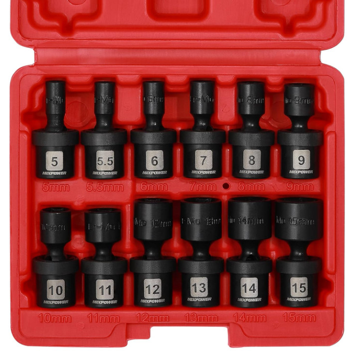 12 Pieces 1/4″ Drive Universal Impact Socket Set, CR-MO, Metric, Swivel Socket