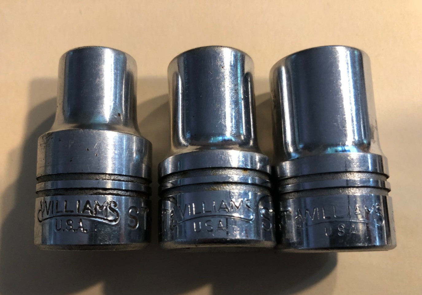 14 vintage J.H. Williams USA 1/2″ drive sockets – 11 standard/3 deep – 12 point