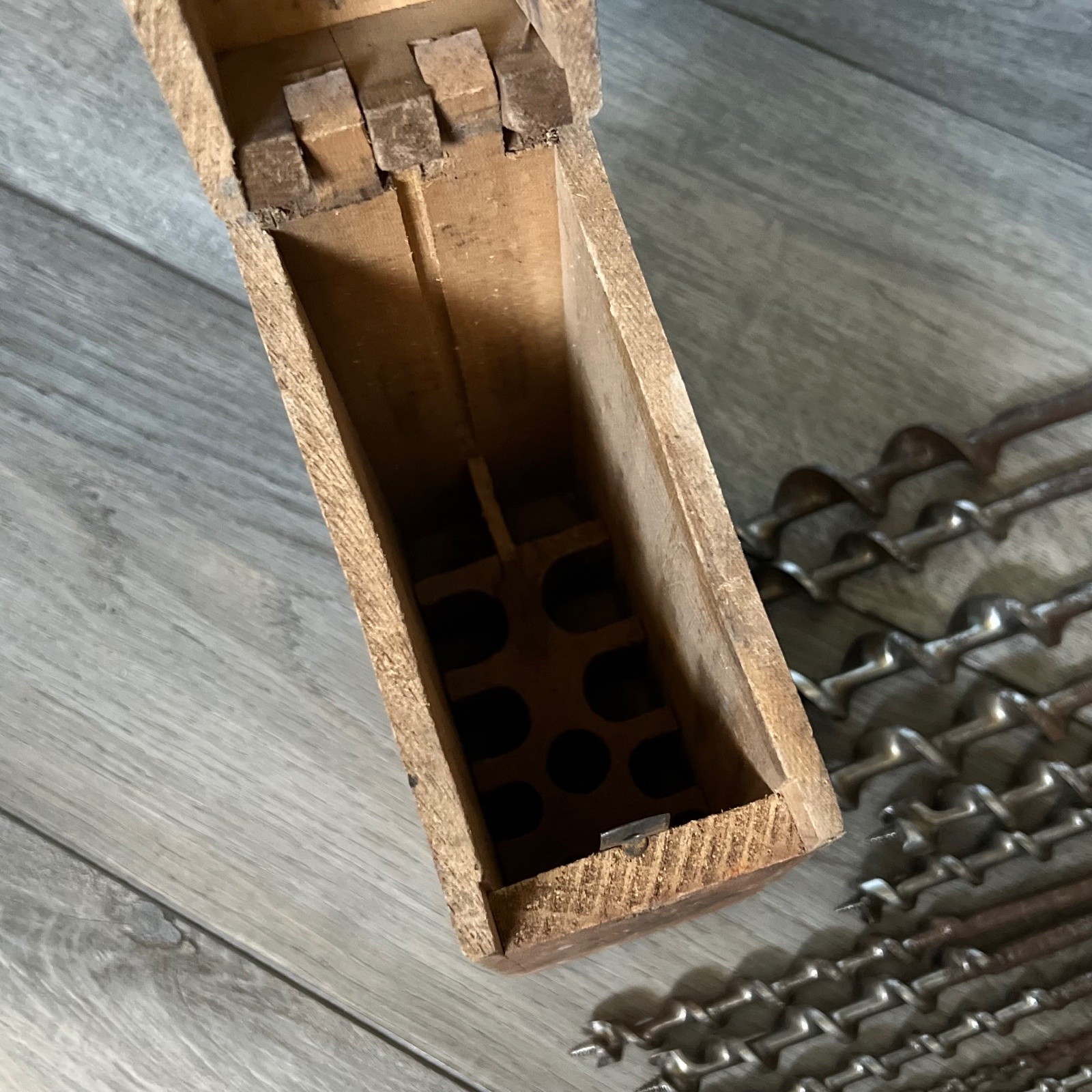 Vintage Irwin Mainbor 13 pc Auger Bit Set in Wooden Box Brace Bits Made in USA