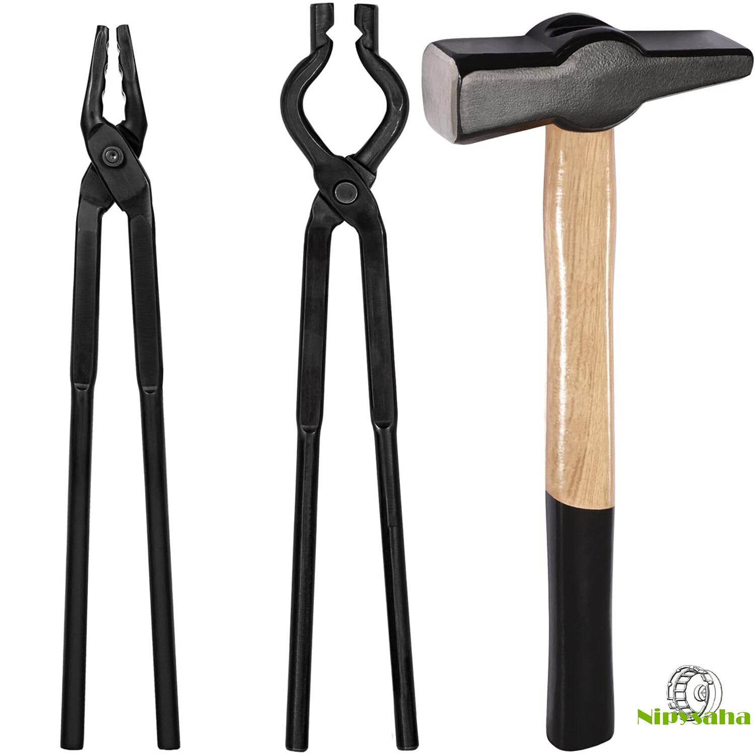 Beginner Blacksmith Tongs Set Wolf Jaw Plus V-bit Tongs and Handmade Hammer 3pcs