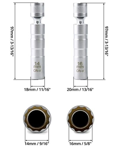 14mm&16mm Magnetic Swivel Spark Plug Socket, Thin Wall Magnetic Rotating 3/8″