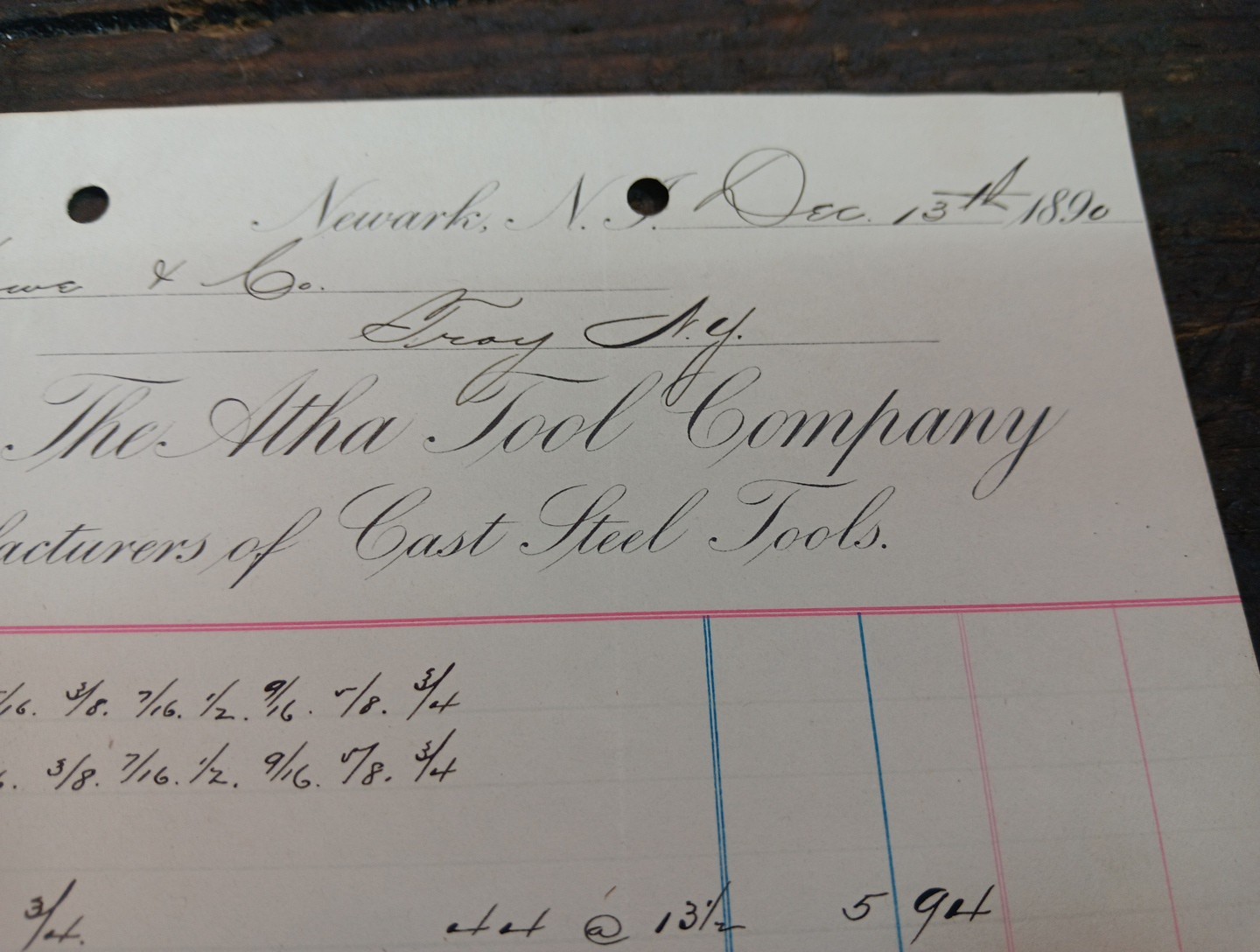 1890 Atha Tool Company Billhead Blacksmith Swage Fuller Receipt