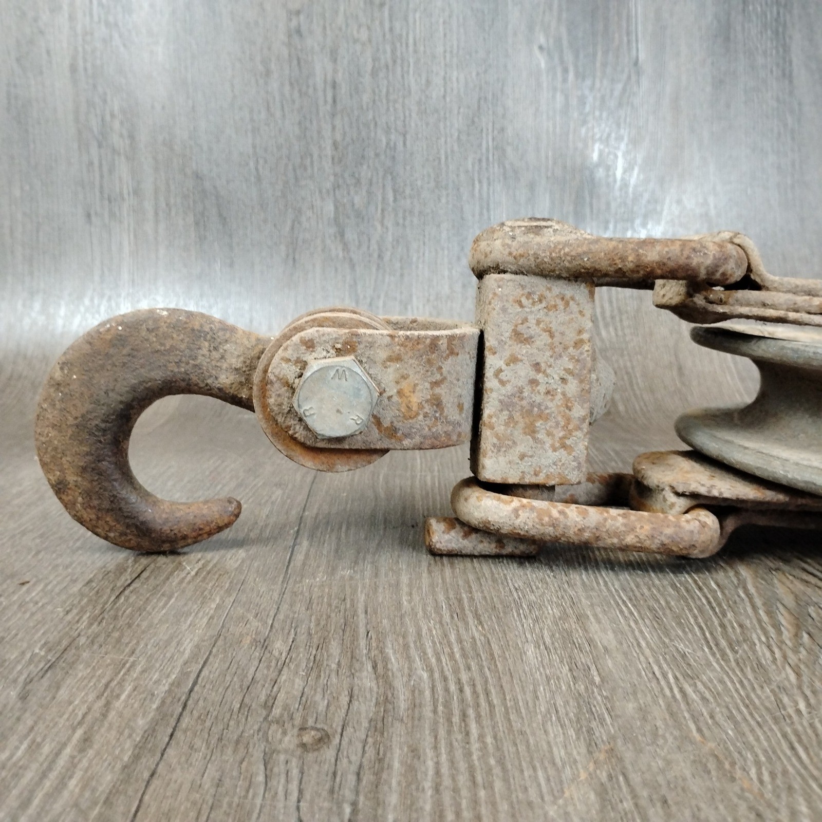 Vintage Industrial Snatch Block Pulley Cast Iron Steel Hook Steampunk Decor 17in