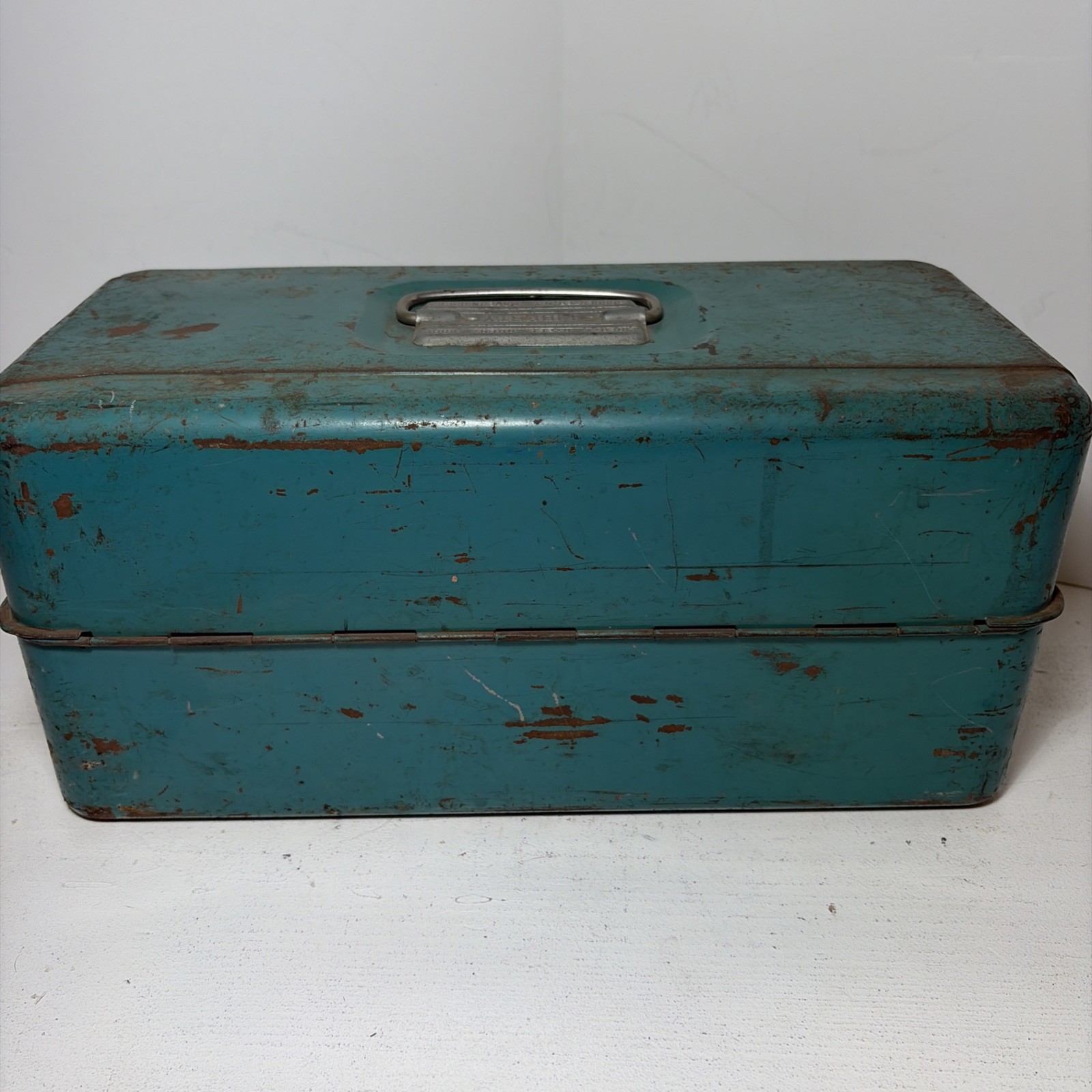 Vintage Liberty Steel Teal Green Metal Tackle Tool Box w Embossed Ruler + Extras