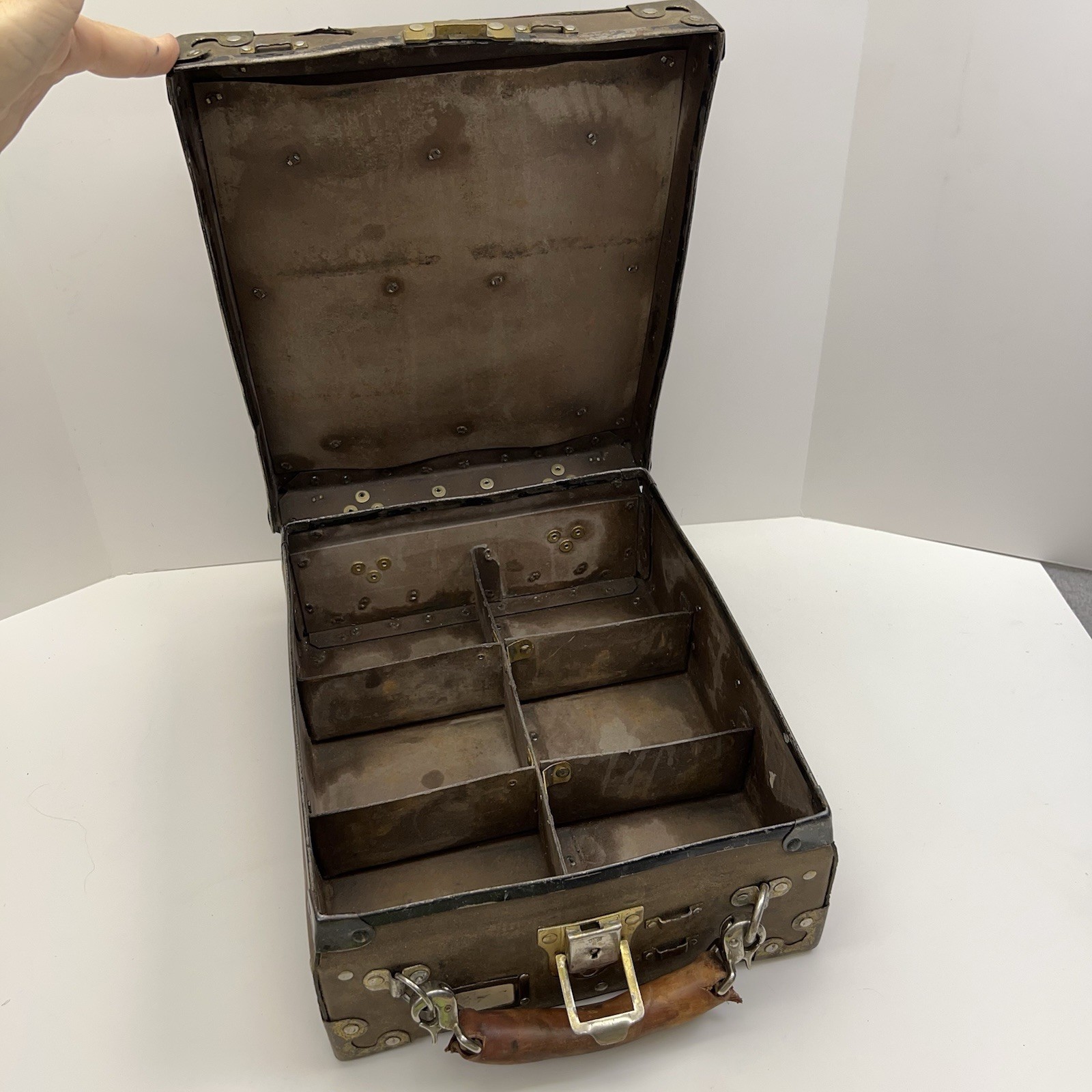 Vtg SALESMAN SAMPLE CASE Antique Metal Travel Box Leather Industrial Tools Decor