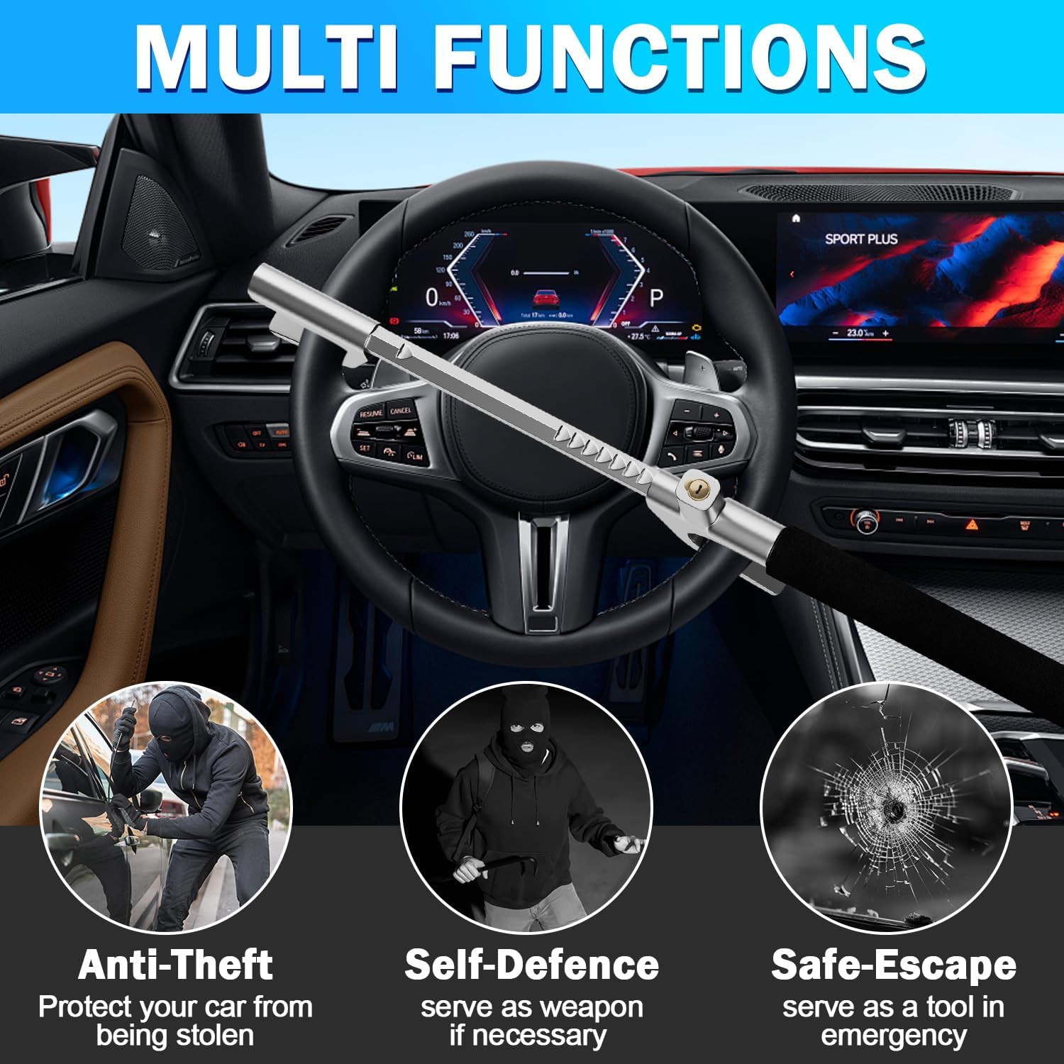 Steering Wheel Lock Universal Security Car Locks with Safety Hammer Heavy Duty C