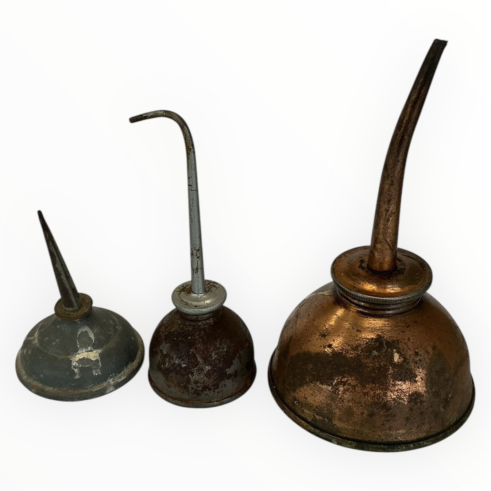Vintage Thumb Pump Oil Can Lot of 3 Mixed Metal Copper Galvanized Rusty Patina