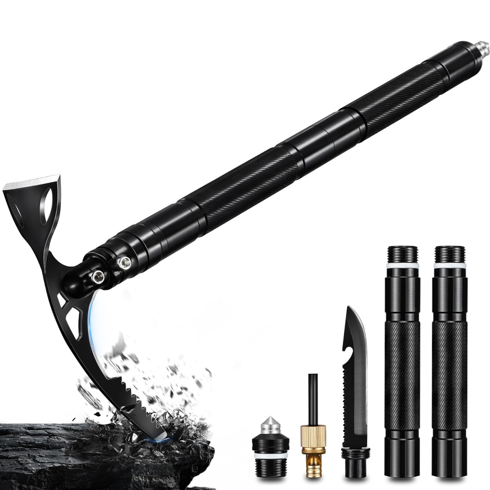8-in-1 Folding Pick Axe Mattock, Multi-Purpose Garden Hoe & Survival Knife, Stai