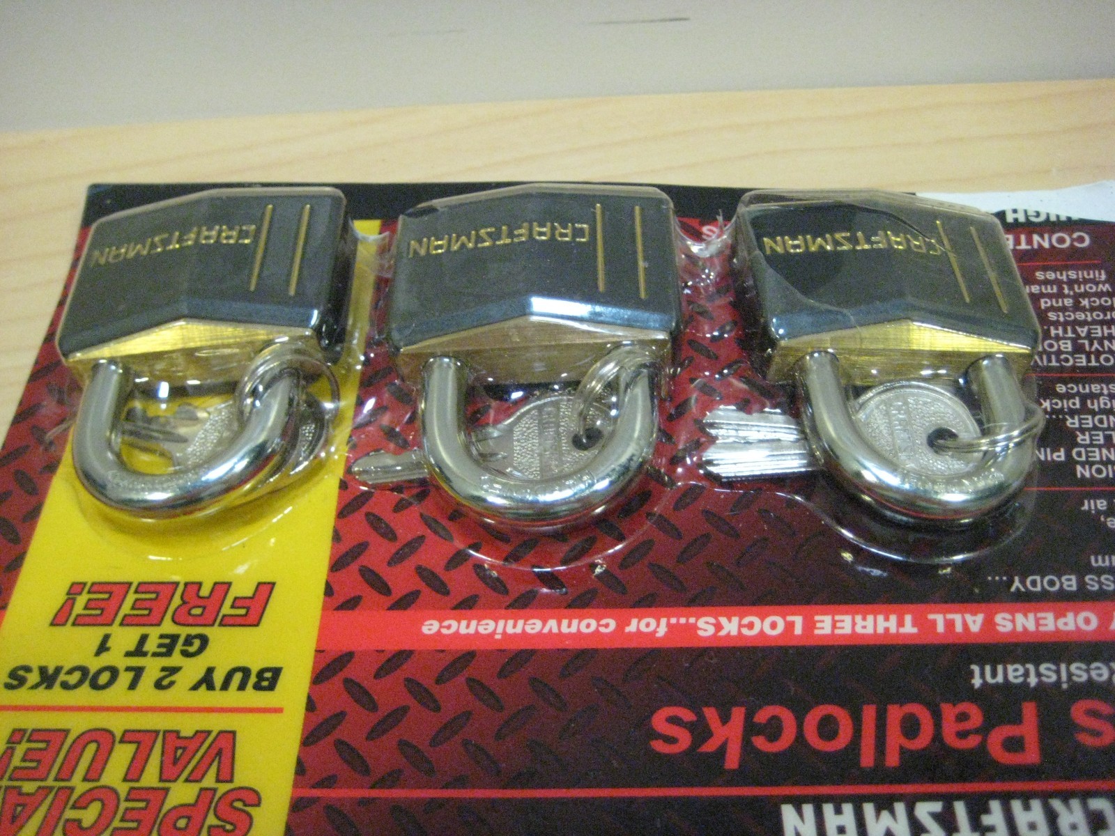 SEARS / CRAFTSMAN Weather Resistant Brass Padlock Set 3 Locks + 6 Keys 9-58328