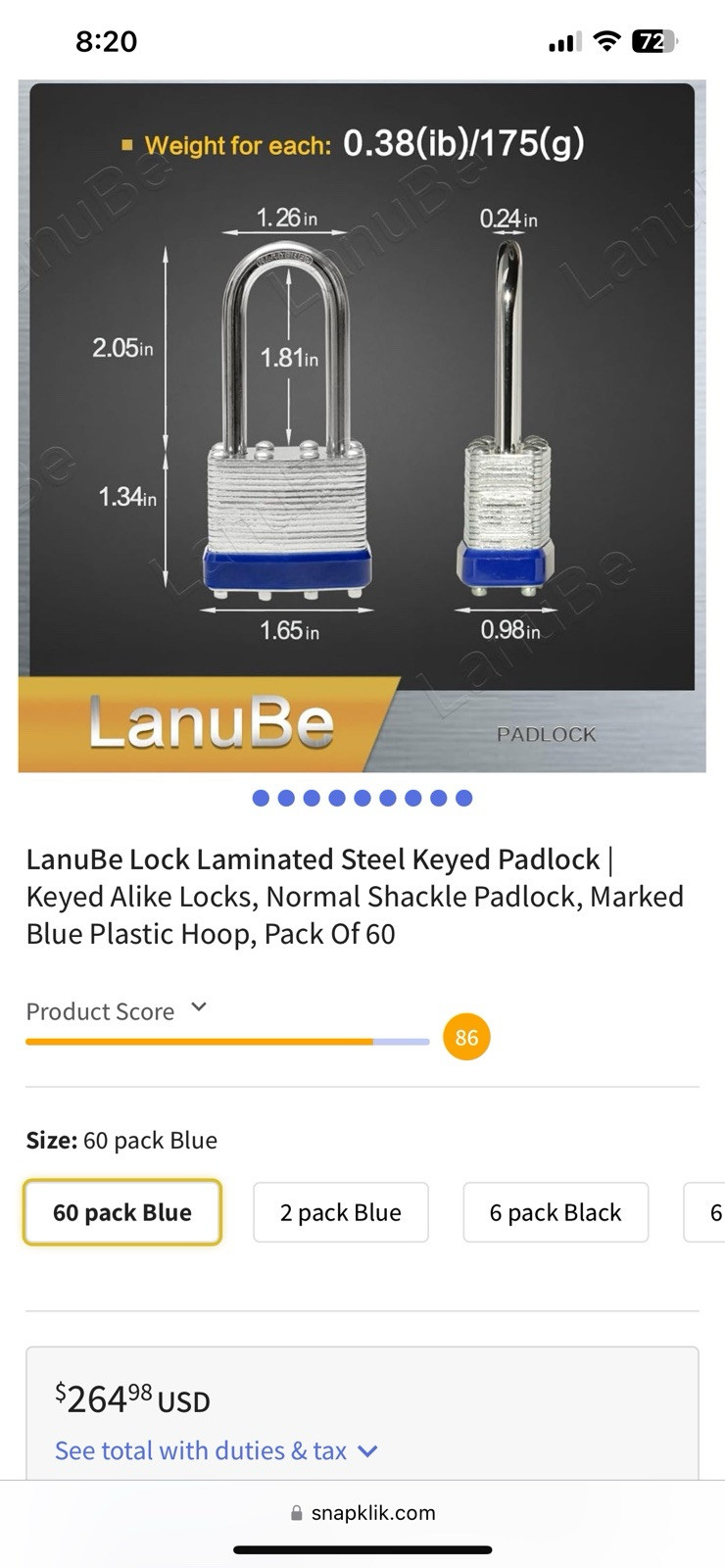 LanuBe Laminated keyed Padlock (1-9/16″, 40mm), keyed Alike Locks, 60 Pack