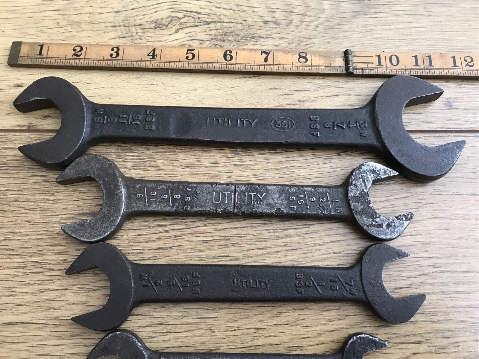 7 Vintage 1945 Utility 3/4” to 1/8″Whitworth Open Ended Spanners.