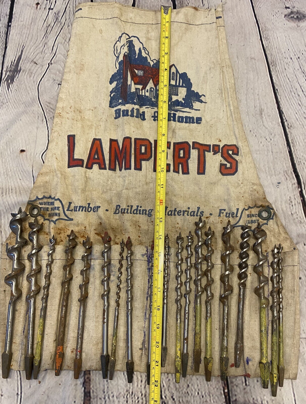 Vintage Lampert’s Lumber Yard Drill Bits Apron Construction Canvas Lot 19 Bits