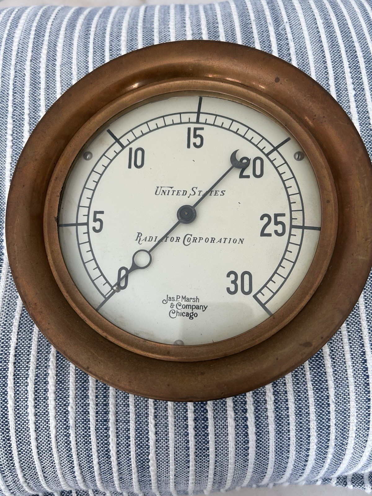Brass pressure gauge by Jas P. Marsh & Company, Chicago for U.S. Radiator Corp