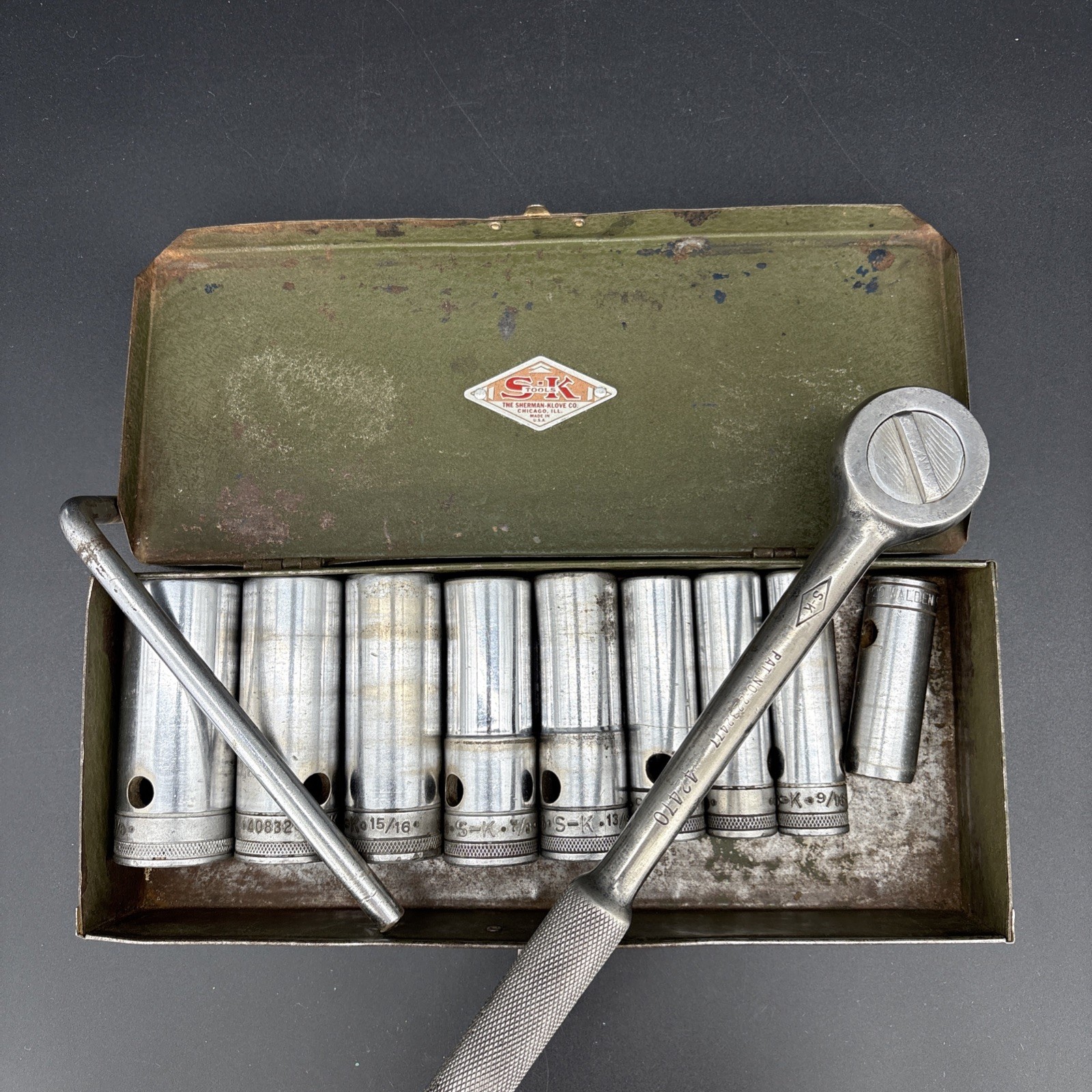 S-K Tools Diamond Logo 11pc. 5/8-1 1/8” Deep Socket Set 1/2” Ratchet Metal Case