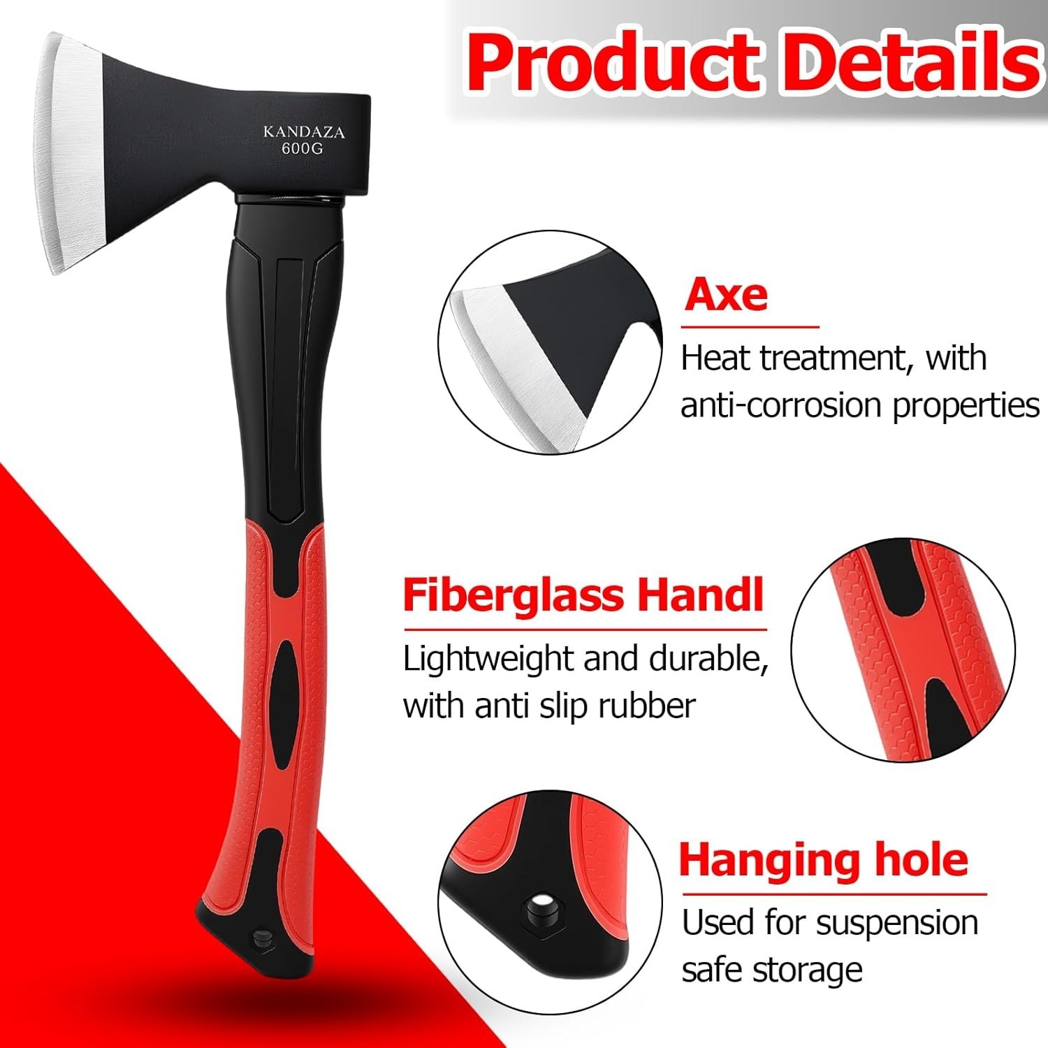 15-Inch Camping Axe: Forged Carbon Steel Hatchet with Vibration-Absorbing Handle