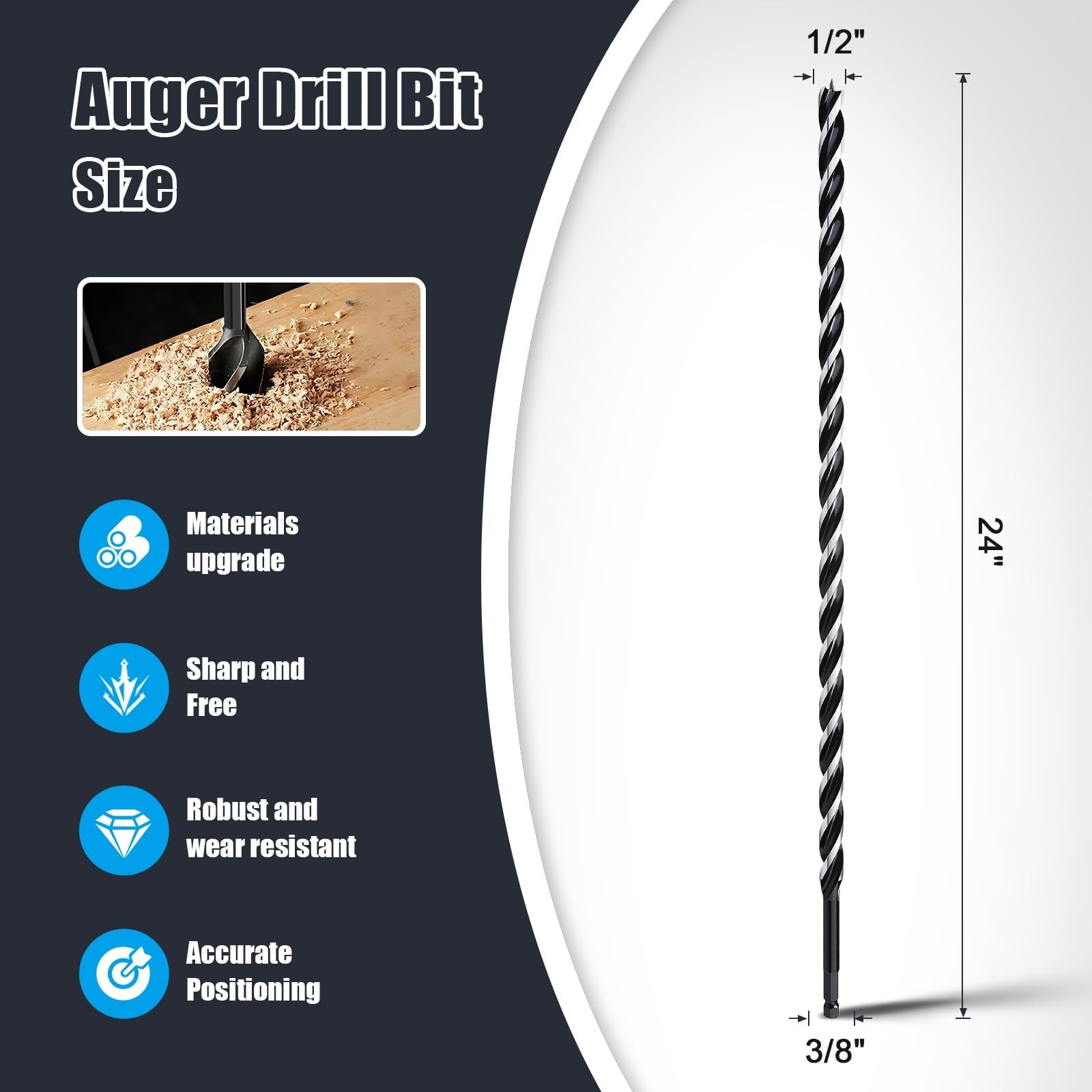 24″ Auger Drill Bit 1/2″ Hex Shank Tri Flute for Wood, Tree Stump, Plastic & Dry
