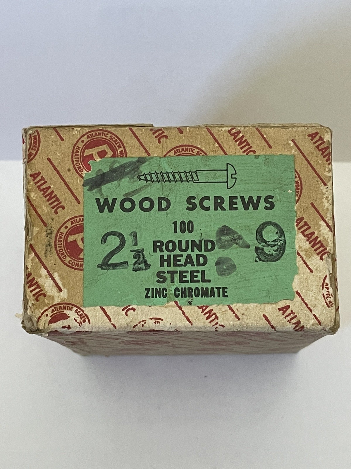 Vintage NOS Wood Screws #9 x 2 1/2” Zinc Chromate Slotted Round Head Box Of 100